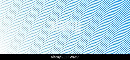 Blue wave texture gradient. Fading curved linear halftone gradation. Wavy water lines pattern wallpaper. Thin to thick undulate stripes background for overlay, print, cover, graphic design. Vector Stock Vector