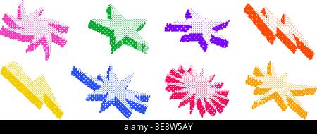 Colorful bitmap halftone shape set. Pixelated spark-shaped design element pack for banner, poster, leaflet, sticker, collage. Dither 3d raster object collection. Retro Y2K 8 bit effect bundle. Vector Stock Vector