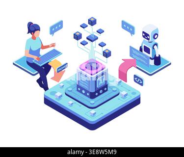 Isometric Human and Robot Interacting Through a Prompt Engineering System. Ai Prompt Engineering Concept Stock Vector