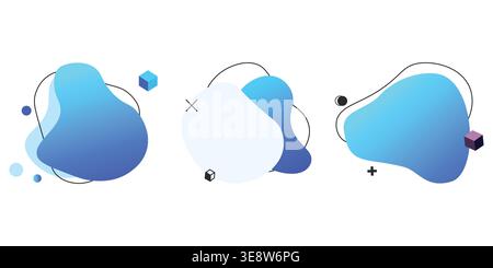 Fluid organic shapes with gradient fills and floating 3d isometric geometric icons on a plain background. Stock Vector
