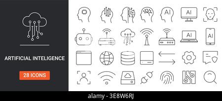 Artificial Intelligence Icon Set. Editable Stroke Vector Illustration. Stock Vector