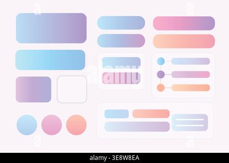 Modern pastel gradient UI elements set, soft neumorphic dashboard components, buttons, cards, sliders and interface design kit on light background Stock Vector