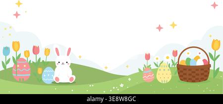 Cute Easter bunny with colorful eggs and basket, spring landscape background with flowers and pastel decorations Stock Vector