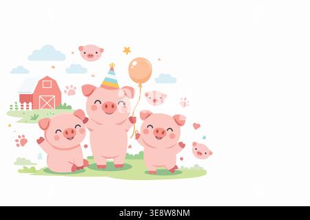 Cute cartoon pig family celebrating birthday with balloons, happy farm animals illustration with pastel colors Stock Vector