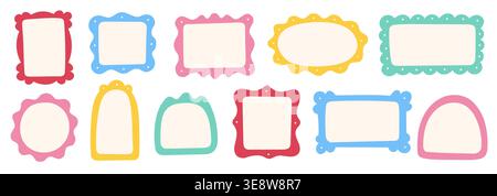 Frame border hand drawn cute set. Cute doodle frame border square, rectangle line photo picture shapes. Cartoon children kids bow scallop lace stamp retro vintage card. Vector illustration Stock Vector