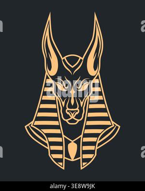 Golden Anubis head, ancient Egyptian style. Elegant lines form a regal canine visage. Dark background enhances symbolic richness. Stylized design suit Stock Vector
