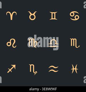 Collection of twelve zodiac symbols representing all horoscope signs Gold on Black. Minimalist vector icon set in clean line style, suitable for astro Stock Vector