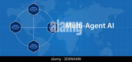 multi agent artificial intelligence AI system network with robot icons connected in a circular grid over a blue world map background representing Stock Vector