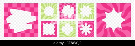 Bold social media post or collage Template set. Psychedelic Organic shapes and geometric checkered Frame. Perfect for minimalism and modern branding Stock Vector