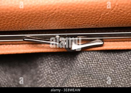 Orange Leather Clutch Macro — Fine Grain Texture Close-Up with Soft Defocused Backgrounds Stock Photo