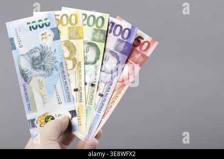 Philippine money - peso on a gray background Stock Photo