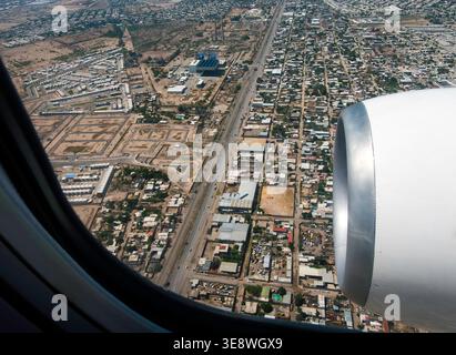 View through window of plane approaching the airport in Torreon, Coahuila, northern Mexico Stock Photo