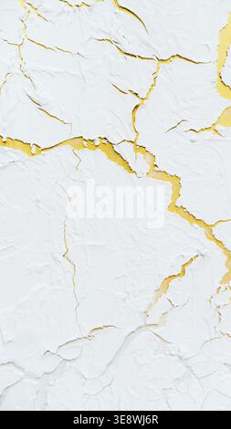 Beautiful white background of decorative plaster with yellow veins. Vertical photo for social networks. Textured drawing on the wall. Light background Stock Photo