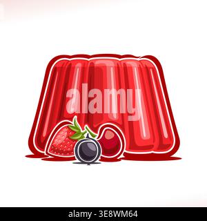 Vector logo for Strawberry Jelly, poster with shiny fruit gelatin dessert decorated cherry and blackcurrant, sweet pudding made from mold of segmented Stock Vector