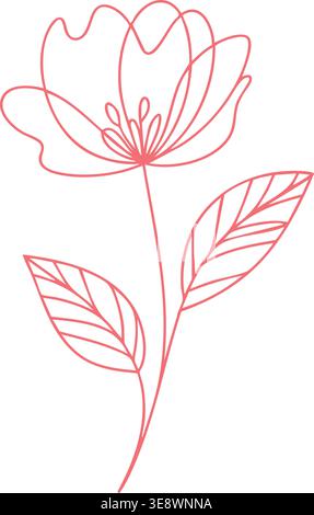 Minimal line illustration of a lotus flower on a tall stem with two veined leaves in soft pink color. Stock Vector