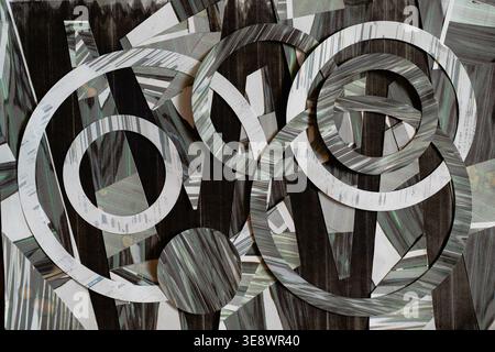 Abstract Collage of Distorted Glitch Rings and Geometric Paper Shapes Stock Photo