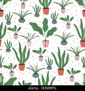 Variety of houseplants and flowers in colorful ceramic pots seamless pattern. Repeated print. Indoor palm and fern ficus in flowerpots. Succulent Stock Vector
