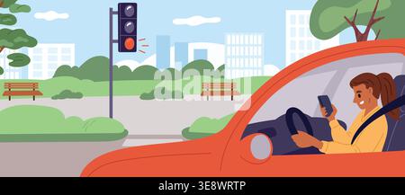 Woman driving car is distracted and looks at her phone while riding through red light. Traffic rules. Automobile at road. Female using smartphone at Stock Vector