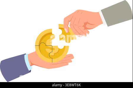 Two hands assemble puzzle made of gold coins. People join cash money pieces. Business cooperation success. Efficient team work. Representing vector Stock Vector