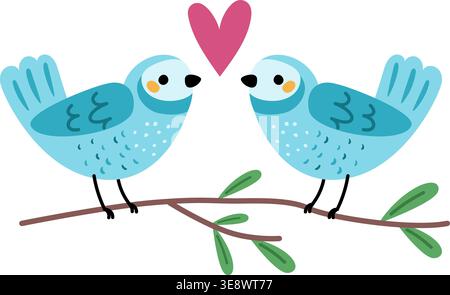 Two birds sitting on branch. Symbol of love and happiness. Flying animals on tree. Romantic heart. Cute songbirds romance. Feathered lovers pair Stock Vector