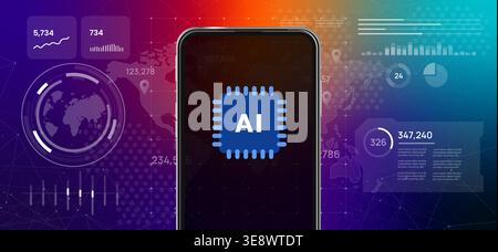 Smartphone with artificial intelligence AI chip icon on screen futuristic ui elements showing world map data visualization and mobile neural network Stock Vector
