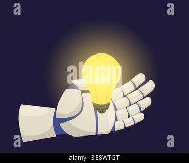 Robots arm holds glowing light bulb. Artificial intelligence generates new ideas. Searching innovation solution. Android brainstorm. Robotic hand Stock Vector