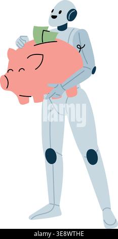 Robot holds piggy bank with money in hands. Artificial intelligence protects savings or finances. Futuristic AI technology. Android with moneybox Stock Vector