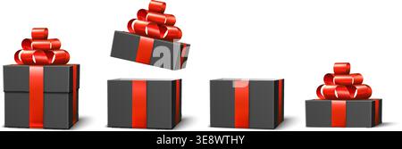 Realistic open and closed black gift boxes with red satin ribbon and bow on white background. Holiday cardboard containers. Birthday and Christmas Stock Vector