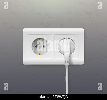 Realistic white electrical plug with sockets against gray textured wall. Outlet with power cord. Electricity charger. Appliances for connecting Stock Vector