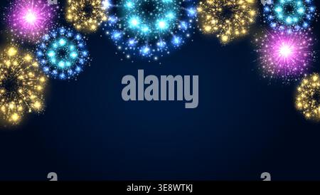 Realistic fireworks with bright lighting effects for designing holiday cards or banners. Pyrotechnics colorful explosions. Festive night lights Stock Vector