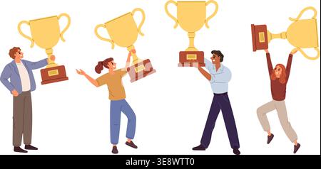 Joyful men and women hold golden trophy cups in their hands. Team of employees celebrate victory and success. Businessmen achievement. Corporate Stock Vector