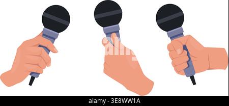 Hands holding microphones for recording interviews or surveys. Public speaker. Journalist broadcasting. Audio multimedia equipment. Karaoke singer mic Stock Vector