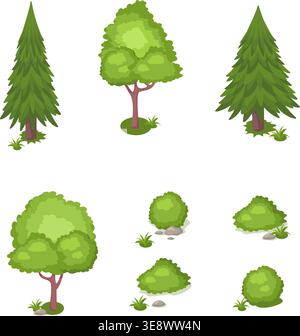 A collection of stylized isometric green trees, deciduous shrubs, and garden bushes for game design and map creation. stock illustration Stock Vector