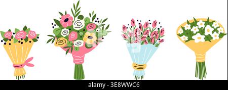 Bouquets of spring flowers. Floral arrangements for gifts and beauty. Roses and tulips bunches. Holiday present. Wedding blossoms. Birthday or Stock Vector