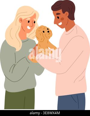 Young couple hugging pet. Happy man and woman hold beloved dog in their arms. Cuddle with canine fluffy companion. Family embracing cute puppy. Vector Stock Vector