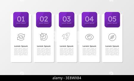 Business project presentation purple rectangle infographic 5 steps Stock Vector