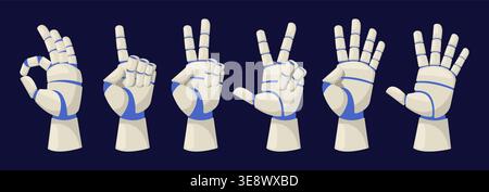 Robots arm shows numbers from zero to five. Counting with hand gestures. Nonverbal sign. Keeping score with fingers. Artificial intelligence Stock Vector