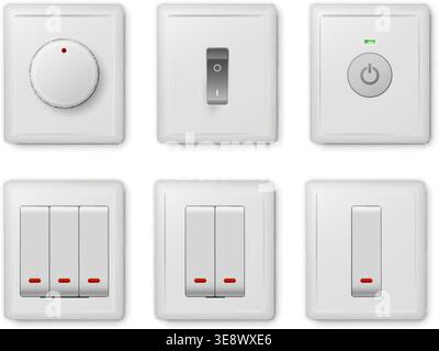 Realistic various types of electrical switches on white background. Plastic toggle for illumination control. Home equipment button. Interior wall Stock Vector