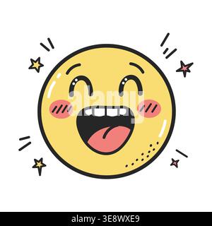 Excited Yellow Character Face With Sparkling Stars And Pink Cheeks Stock Vector