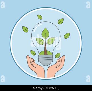 Sustainable Energy Concept with Growing Plant Inside Light Bulb Held by Human Hands Stock Vector