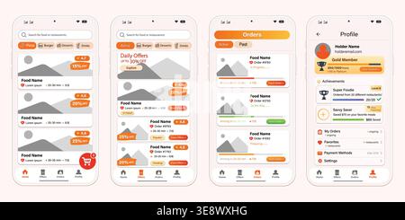 Food delivery mobile app UI design, modern restaurant ordering interface screens with offers, orders tracking and profile dashboard Stock Vector