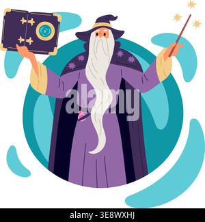 Old wizard recites magic spell from book in teleportation circle. Mystery man in mantle and hat. Sorcerer with magical wand and grimoire. Fairytale Stock Vector