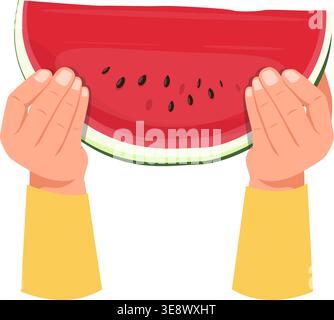 Hands holding large cut piece of watermelon. Natural healthy dessert. Juicy plant. Big melon part. Fresh red berry with seeds and peels. Fruit eat Stock Vector