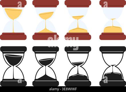 Hourglass icons with different levels of sand. Deadline countdown. Seconds measurement. Hours counting. Silhouette watch. Sandglass symbols set Stock Vector