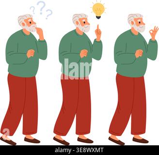 Elderly man comes up with idea. Grandparent asks questions. Grandfather makes OK sign with his fingers. Grandpa thinking about solution. Hand gesture Stock Vector
