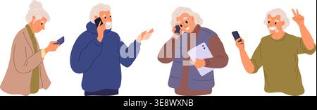 Elderly people call with phones. Senior men and women communicating on smartphones. Grandparents calling by telephones. Mobile communication. Retired Stock Vector