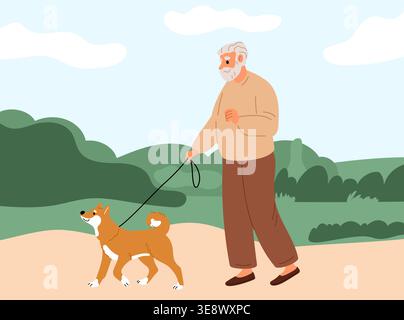 Cheerful elderly man walks his dog in city park. Grandparent spending time together with puppy. Domestics doggy animal at leash. Retired pet owner Stock Vector