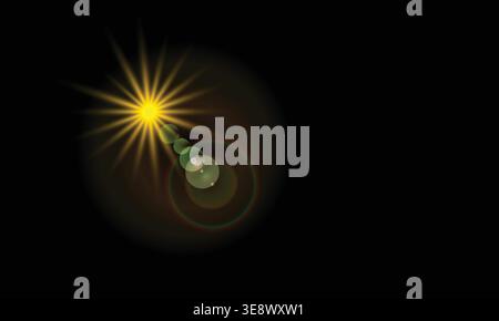 Bright lens flare light effect on black background, realistic sun flare with glow and optical light overlay Stock Vector