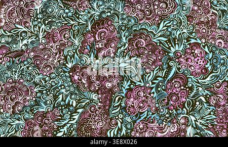 Detailed floral mehndi seamless pattern. Hand drawn paisley, spiral, foliage elements in pink, turquoise, and white on a dark background. Ideal for fa Stock Photo