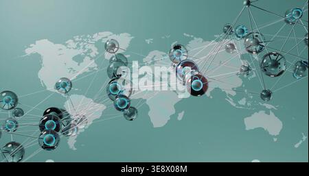 Displaying 3D network of glossy glass spheres overlaying digital world map, showing luminous links Stock Photo